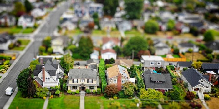 Aerial photo of an American suburban neighborhood with a tilt-shift effect