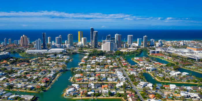 Sunny view of Broadbeach and the suburb of Broadbeach Waters on the Gold Coast
